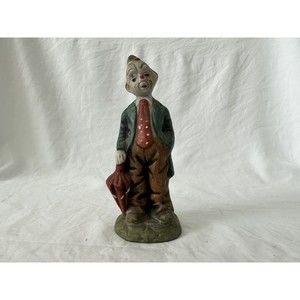 Vintage Ceramic Clown 8” in Suit with Red Multicolored Umbrella